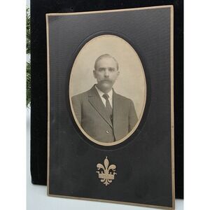 Antique Cabinet Card Portrait Man w/ Mustache Fleur-de-Lis Mount C.H. Braun B&W